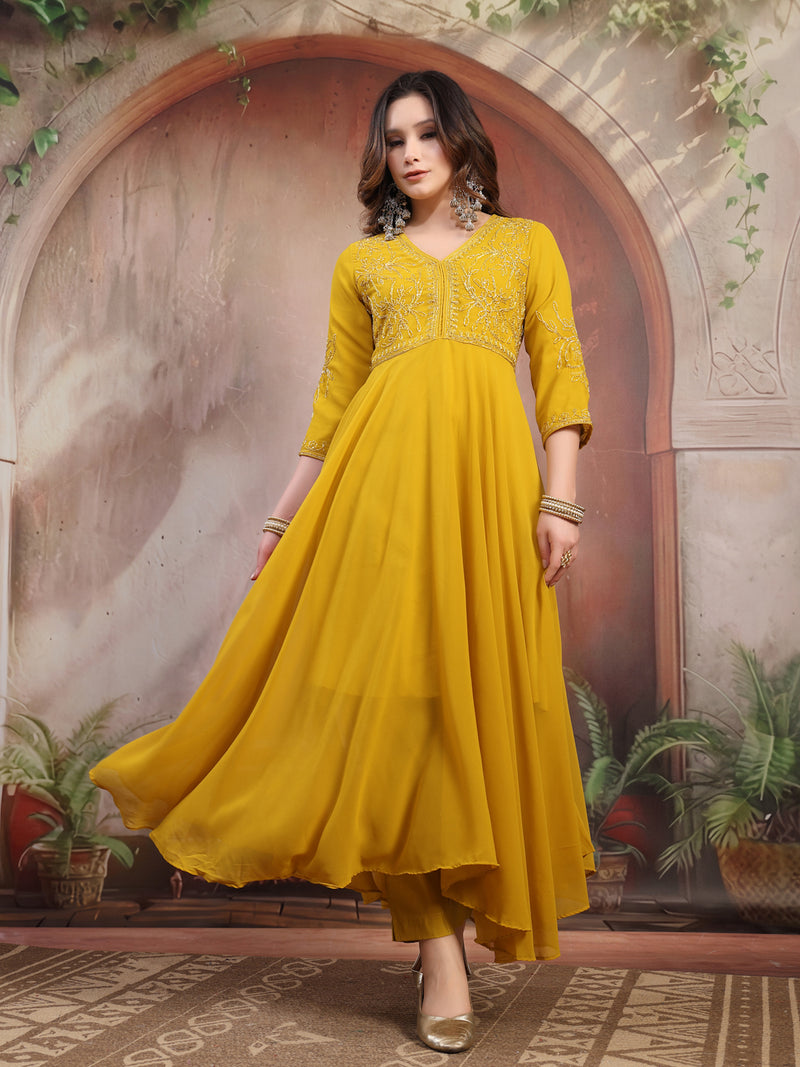 Women Mustard Embroidered Anarkali Set with Dupatta