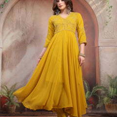Women Mustard Embroidered Anarkali Set with Dupatta