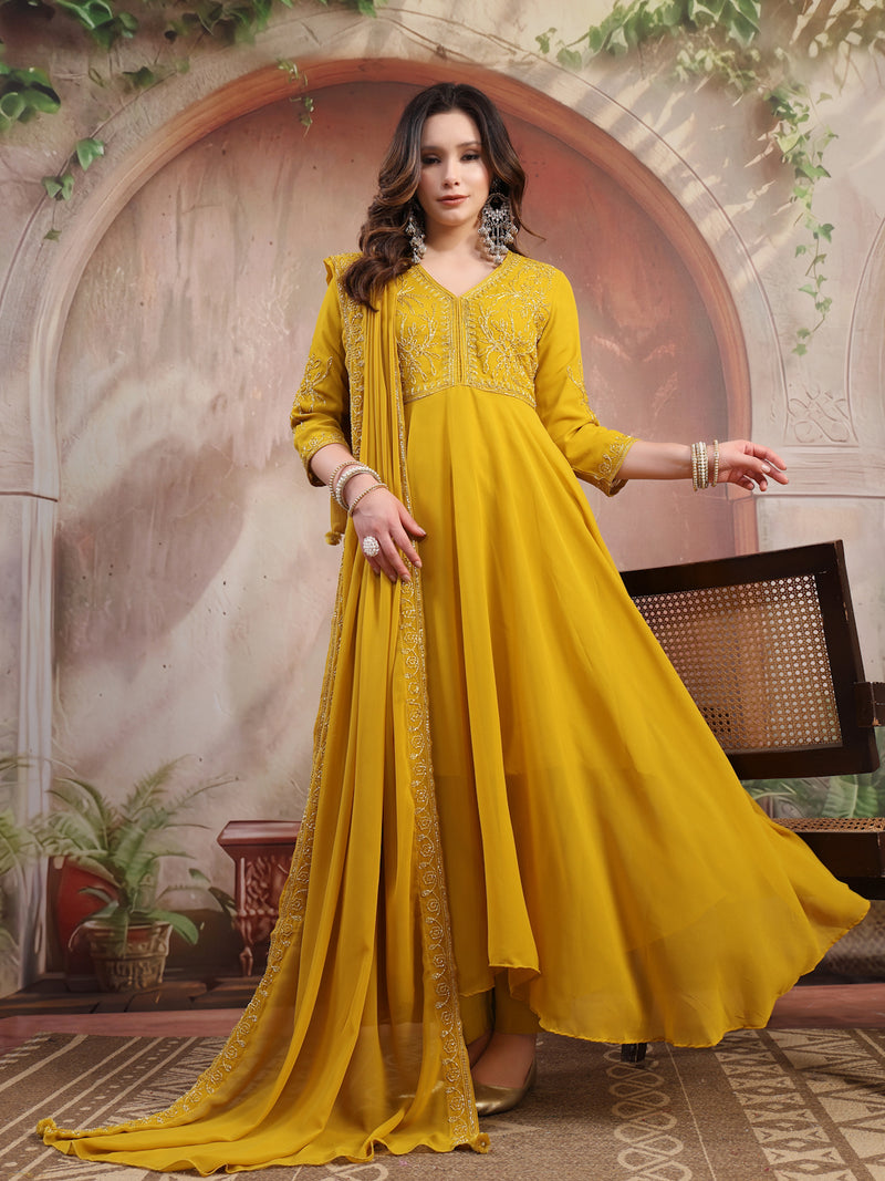 Women Mustard Embroidered Anarkali Set with Dupatta