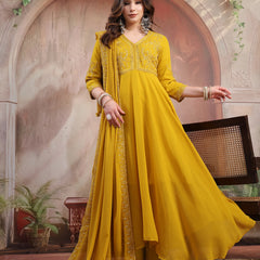 Women Mustard Embroidered Anarkali Set with Dupatta