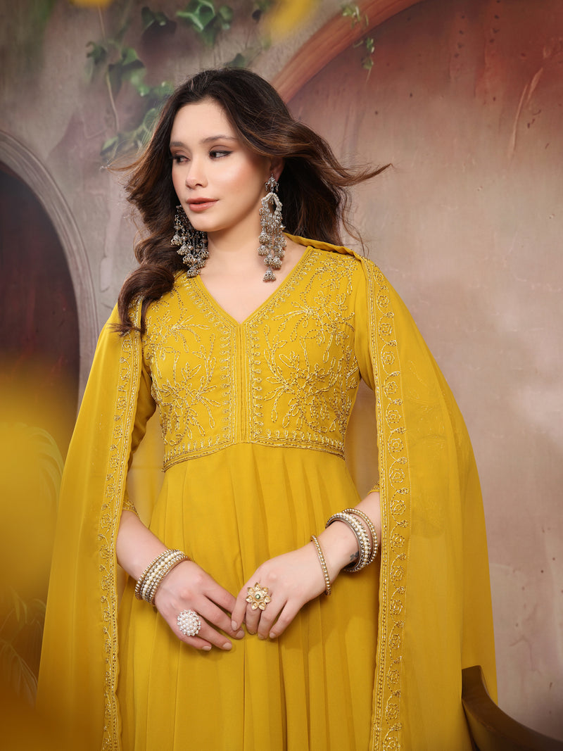 Women Mustard Embroidered Anarkali Set with Dupatta