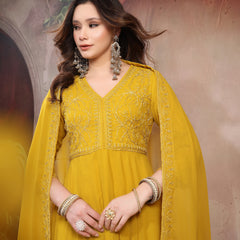 Women Mustard Embroidered Anarkali Set with Dupatta