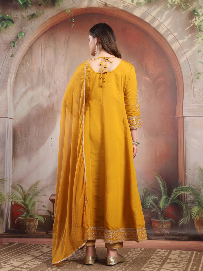 Women Mustard Embroidered Silk Anarkali Set with Dupatta