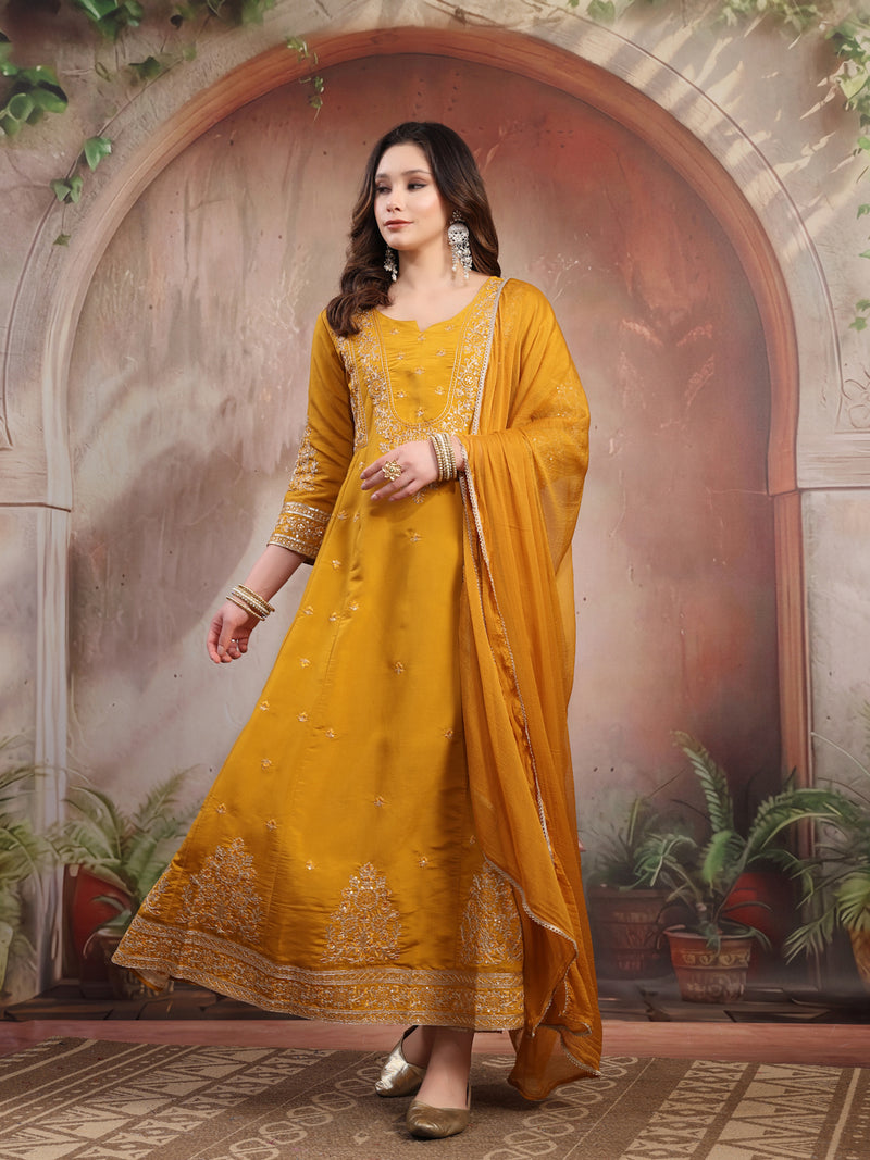 Women Mustard Embroidered Silk Anarkali Set with Dupatta