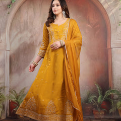 Women Mustard Embroidered Silk Anarkali Set with Dupatta