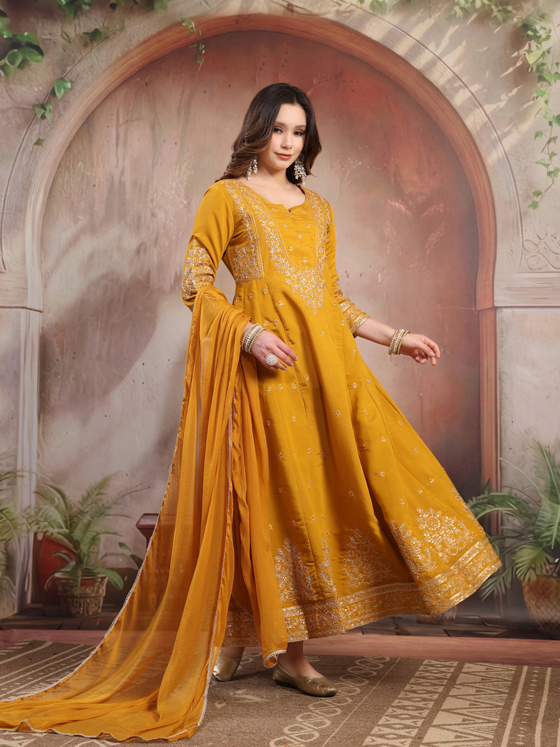 Women Mustard Embroidered Silk Anarkali Set with Dupatta