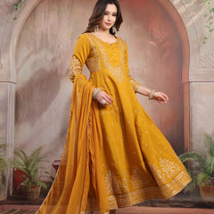 Women Mustard Embroidered Silk Anarkali Set with Dupatta
