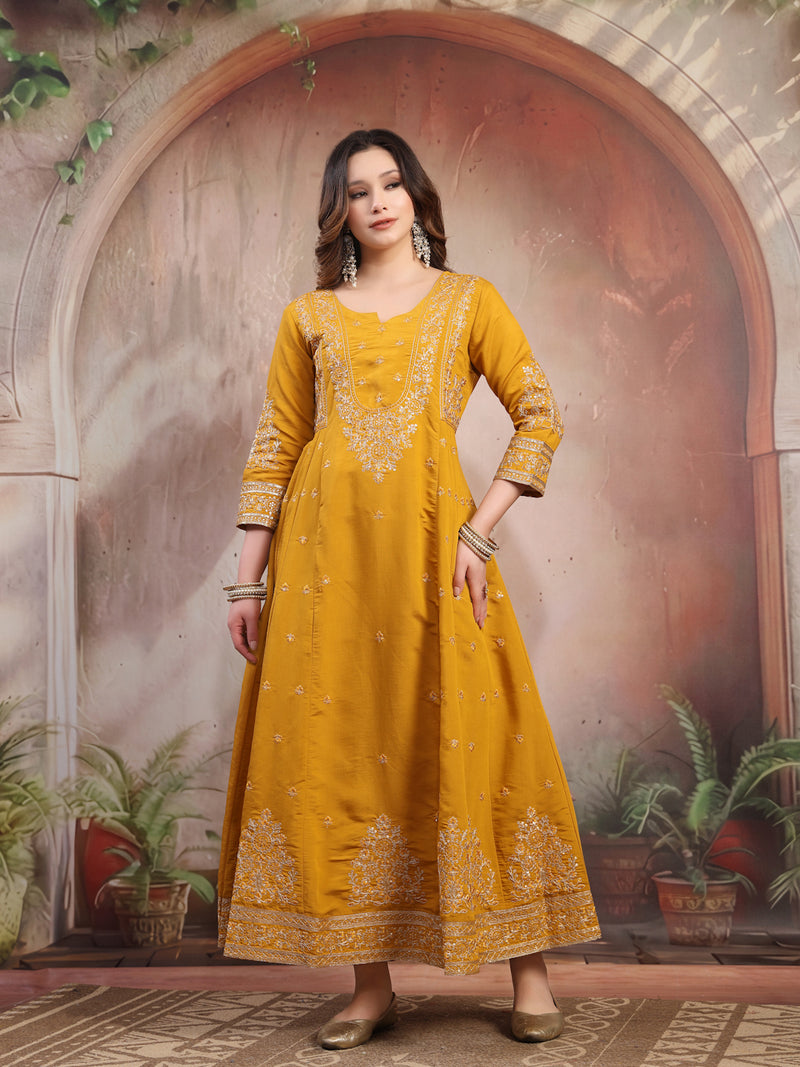 Women Mustard Embroidered Silk Anarkali Set with Dupatta