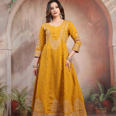 Women Mustard Embroidered Silk Anarkali Set with Dupatta