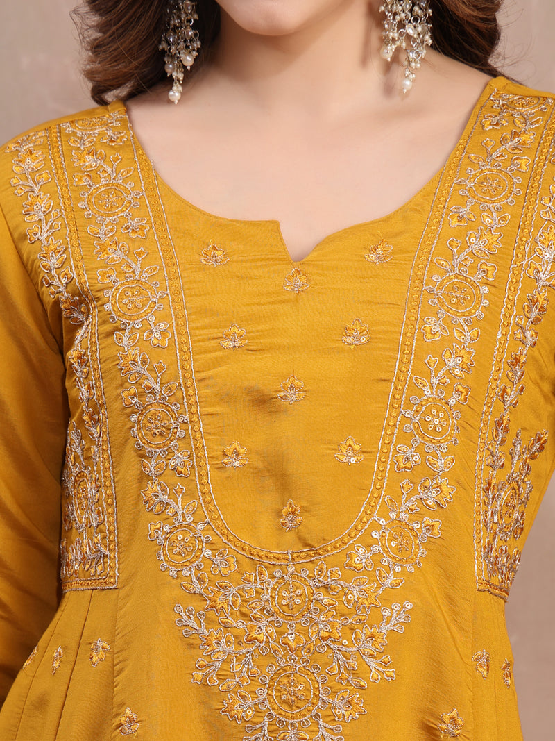 Women Mustard Embroidered Silk Anarkali Set with Dupatta