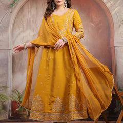 Women Mustard Embroidered Silk Anarkali Set with Dupatta