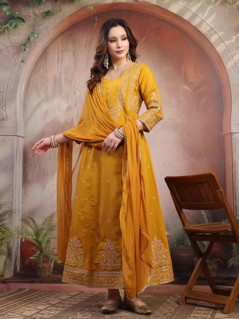 Women Mustard Embroidered Silk Anarkali Set with Dupatta