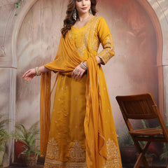 Women Mustard Embroidered Silk Anarkali Set with Dupatta