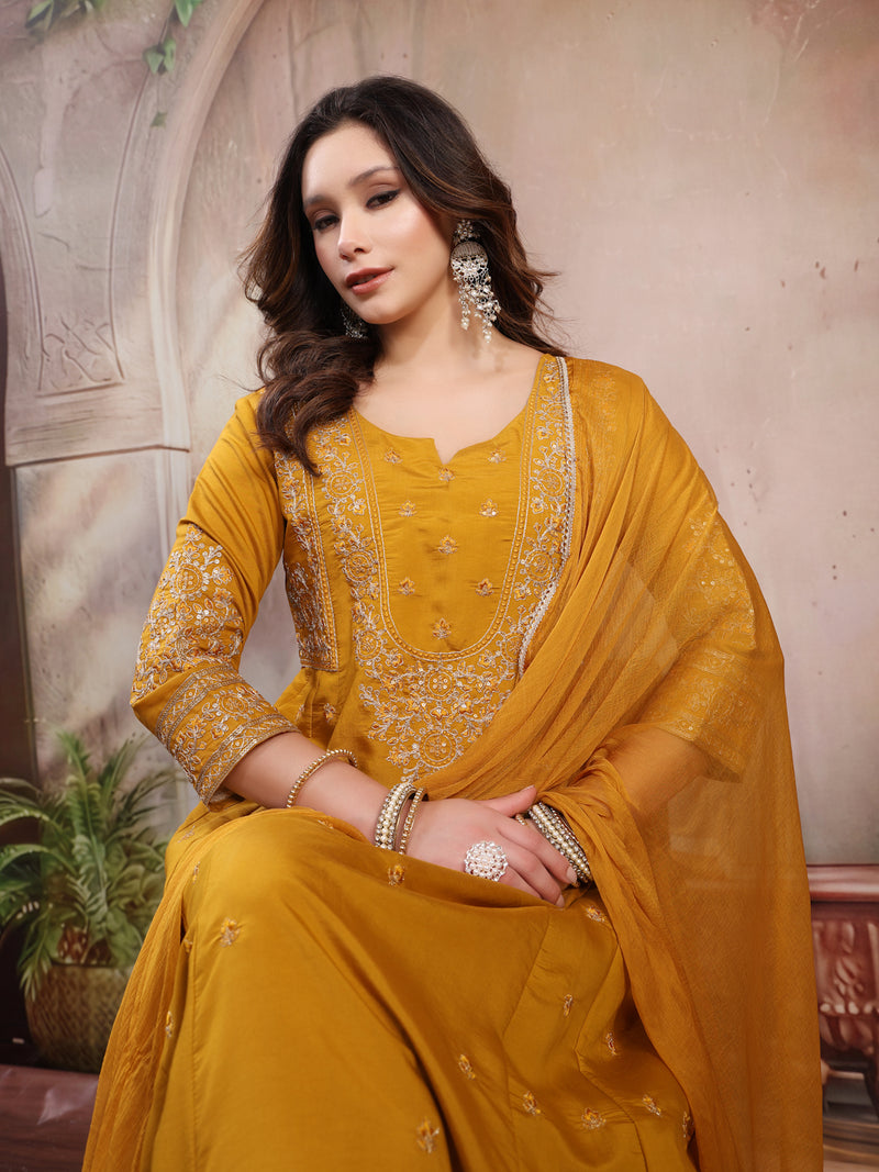 Women Mustard Embroidered Silk Anarkali Set with Dupatta