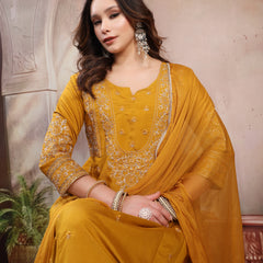 Women Mustard Embroidered Silk Anarkali Set with Dupatta
