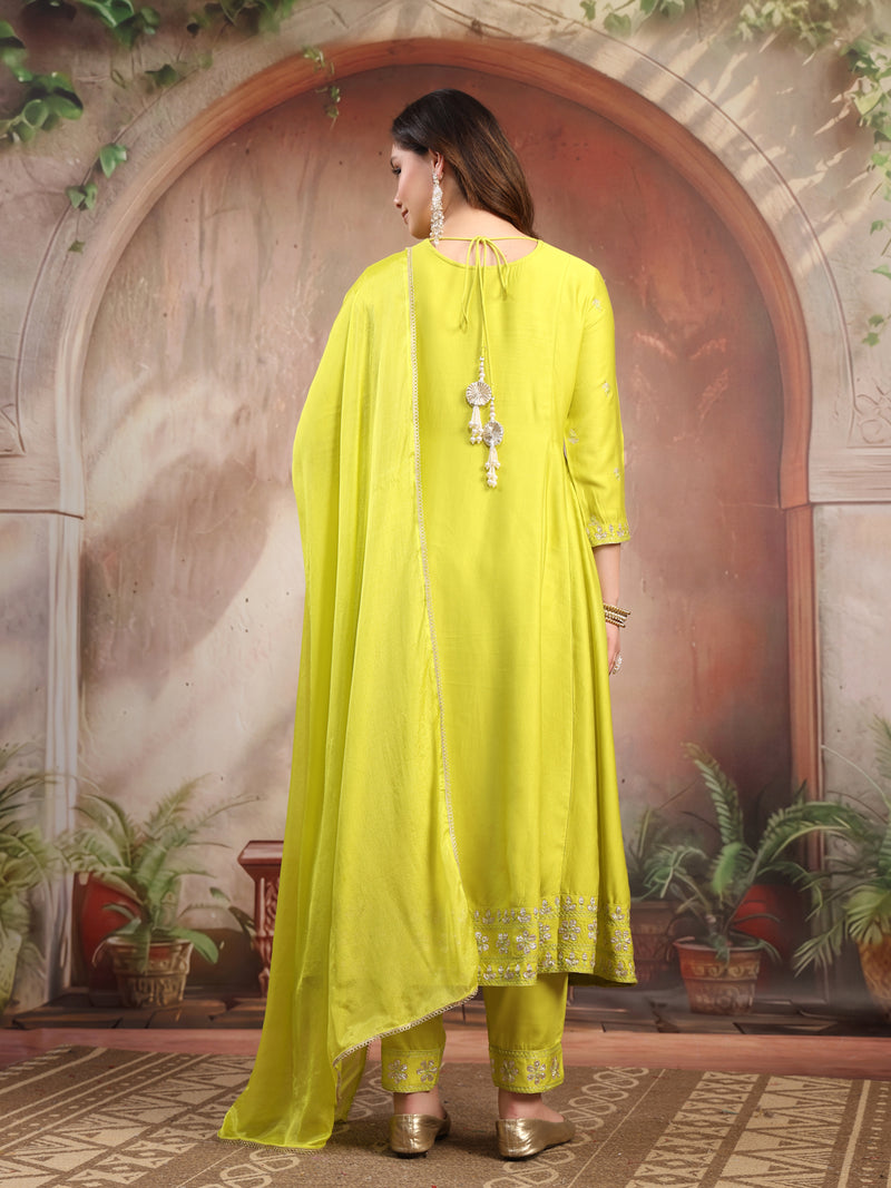Women Lime Green Embroidered Anarkali Set with Dupatta