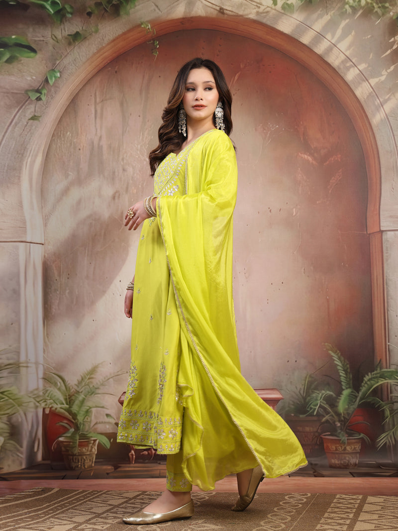 Women Lime Green Embroidered Anarkali Set with Dupatta