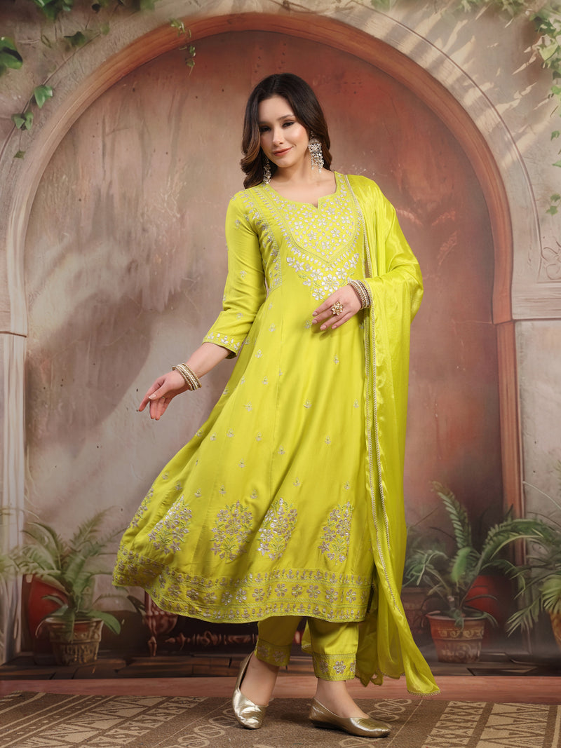 Women Lime Green Embroidered Anarkali Set with Dupatta