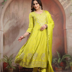 Women Lime Green Embroidered Anarkali Set with Dupatta