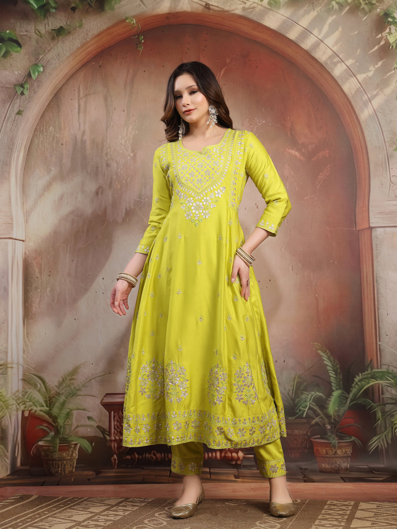 Women Lime Green Embroidered Anarkali Set with Dupatta