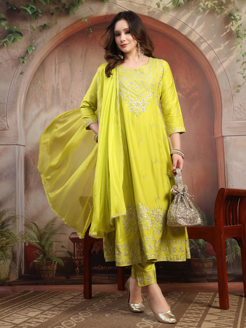 Women Lime Green Embroidered Anarkali Set with Dupatta