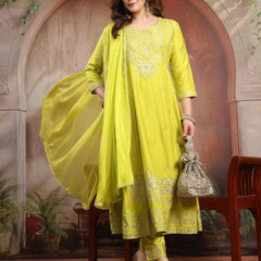Women Lime Green Embroidered Anarkali Set with Dupatta