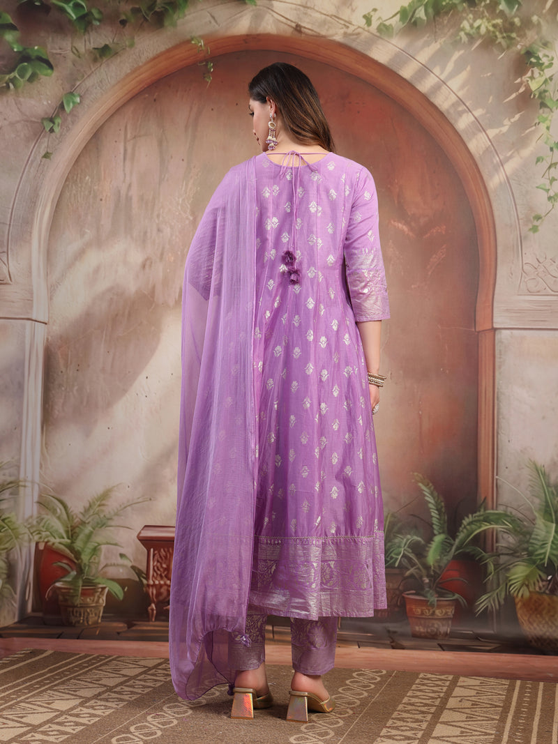 Women Lavender Printed Silk Anarkali Set with Dupatta