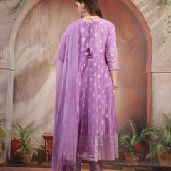 Women Lavender Printed Silk Anarkali Set with Dupatta