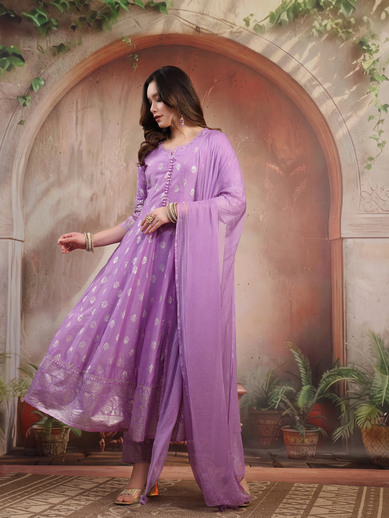 Women Lavender Printed Silk Anarkali Set with Dupatta