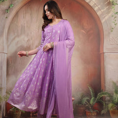 Women Lavender Printed Silk Anarkali Set with Dupatta