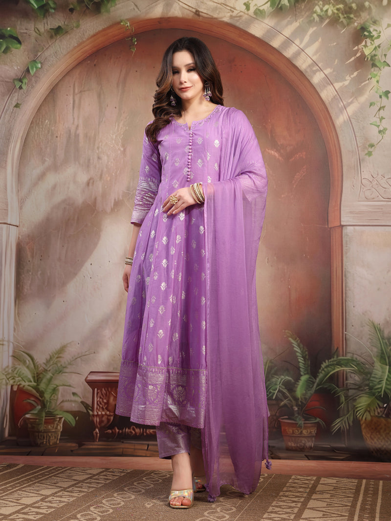 Women Lavender Printed Silk Anarkali Set with Dupatta