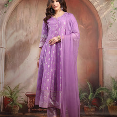Women Lavender Printed Silk Anarkali Set with Dupatta