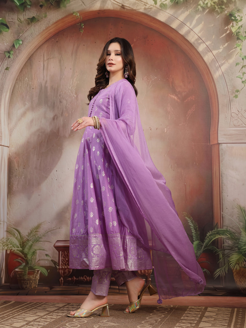 Women Lavender Printed Silk Anarkali Set with Dupatta