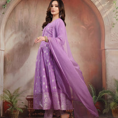 Women Lavender Printed Silk Anarkali Set with Dupatta