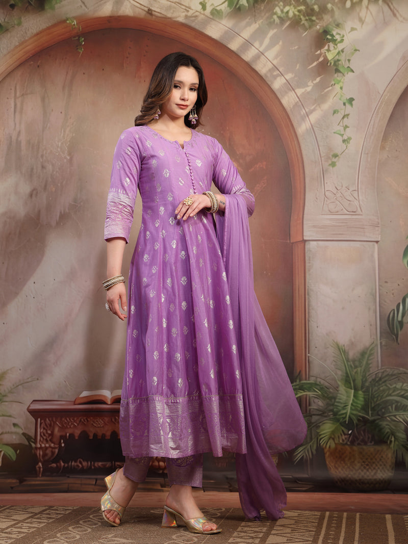 Women Lavender Printed Silk Anarkali Set with Dupatta