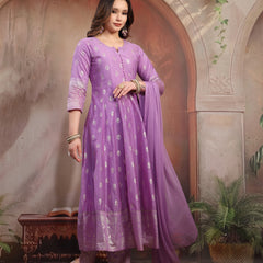 Women Lavender Printed Silk Anarkali Set with Dupatta