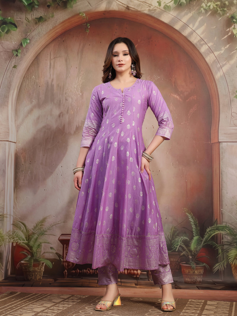 Women Lavender Printed Silk Anarkali Set with Dupatta