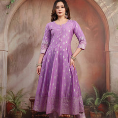 Women Lavender Printed Silk Anarkali Set with Dupatta