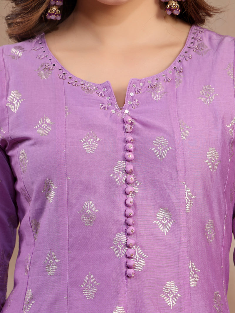 Women Lavender Printed Silk Anarkali Set with Dupatta