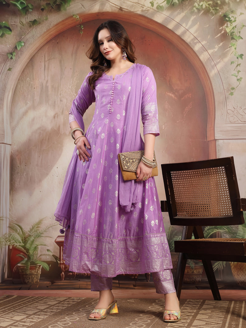 Women Lavender Printed Silk Anarkali Set with Dupatta