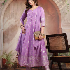 Women Lavender Printed Silk Anarkali Set with Dupatta