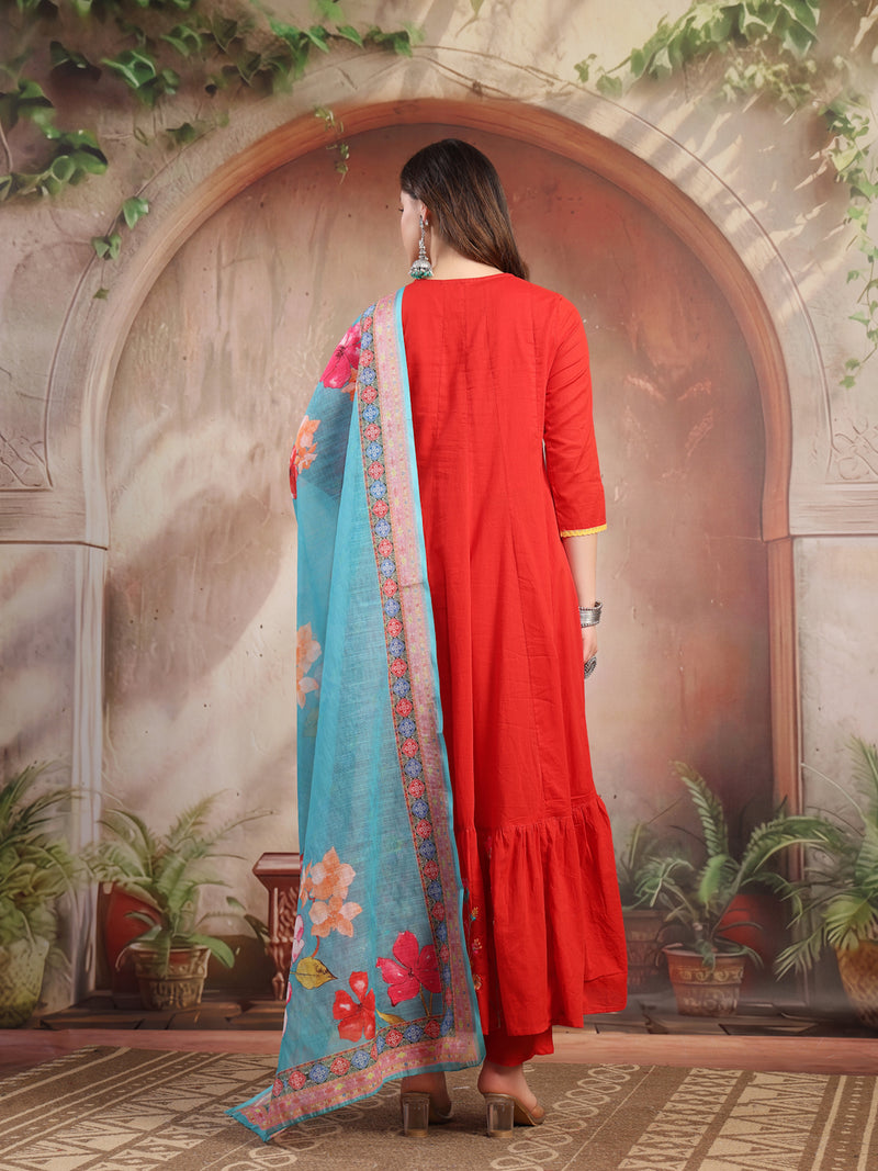 Women Red Embroidered Anarkali Set with Dupatta