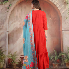 Women Red Embroidered Anarkali Set with Dupatta
