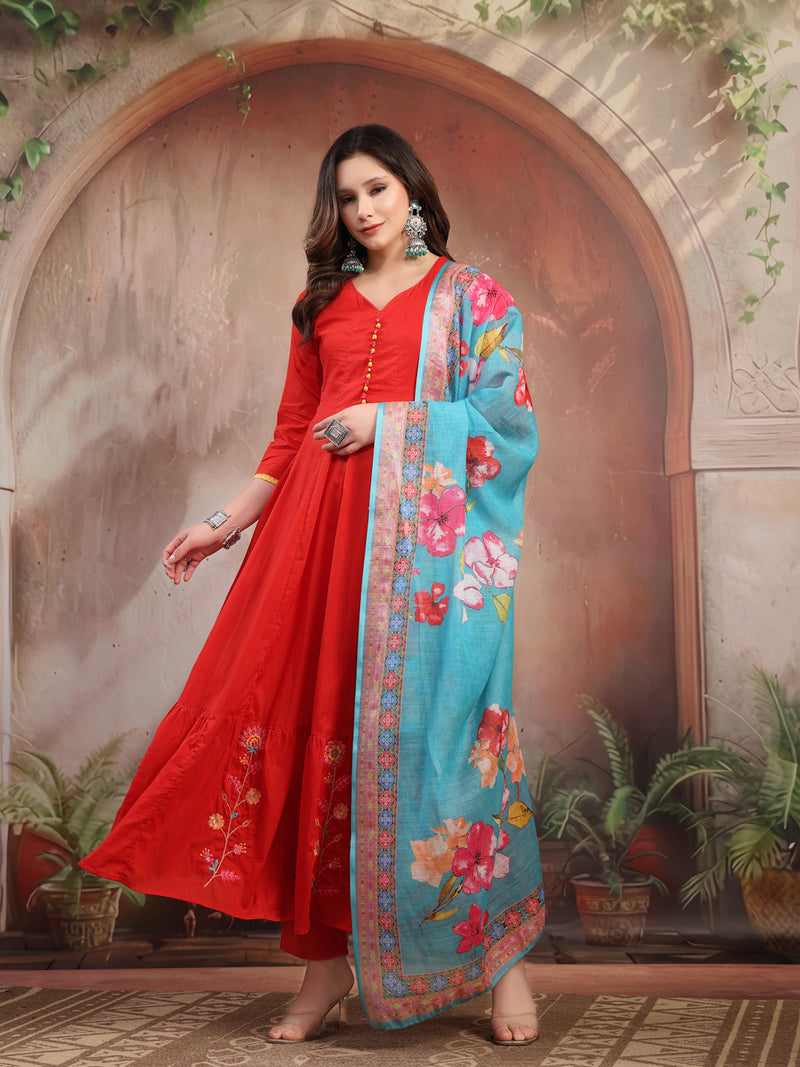 Women Red Embroidered Anarkali Set with Dupatta