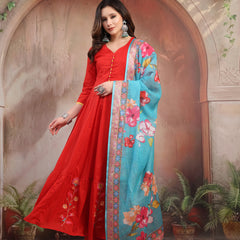Women Red Embroidered Anarkali Set with Dupatta
