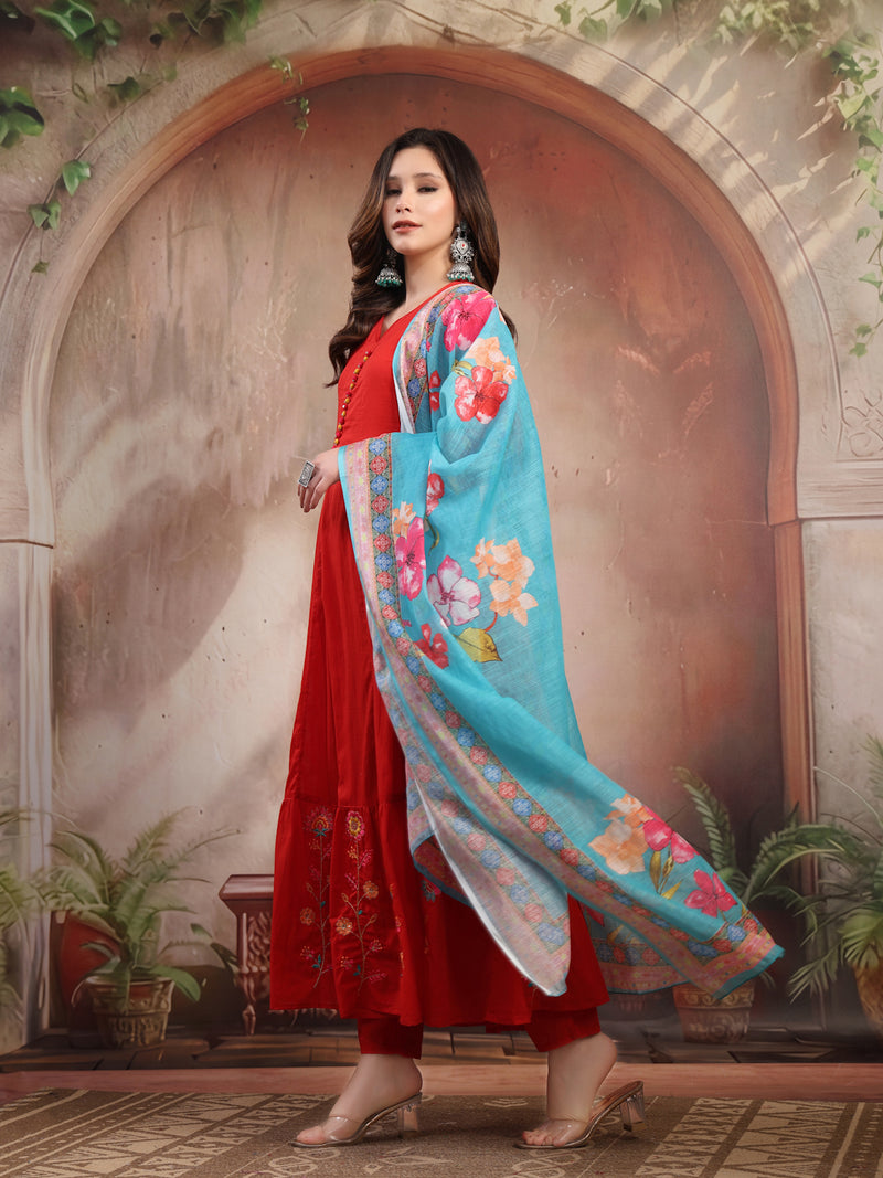 Women Red Embroidered Anarkali Set with Dupatta
