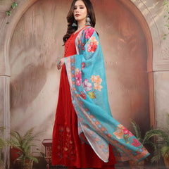 Women Red Embroidered Anarkali Set with Dupatta