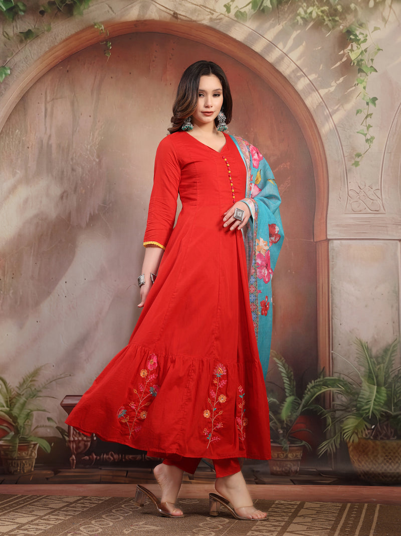 Women Red Embroidered Anarkali Set with Dupatta