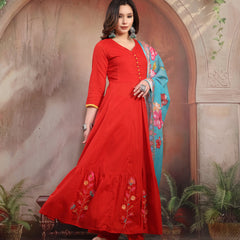 Women Red Embroidered Anarkali Set with Dupatta