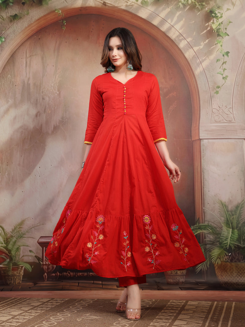 Women Red Embroidered Anarkali Set with Dupatta